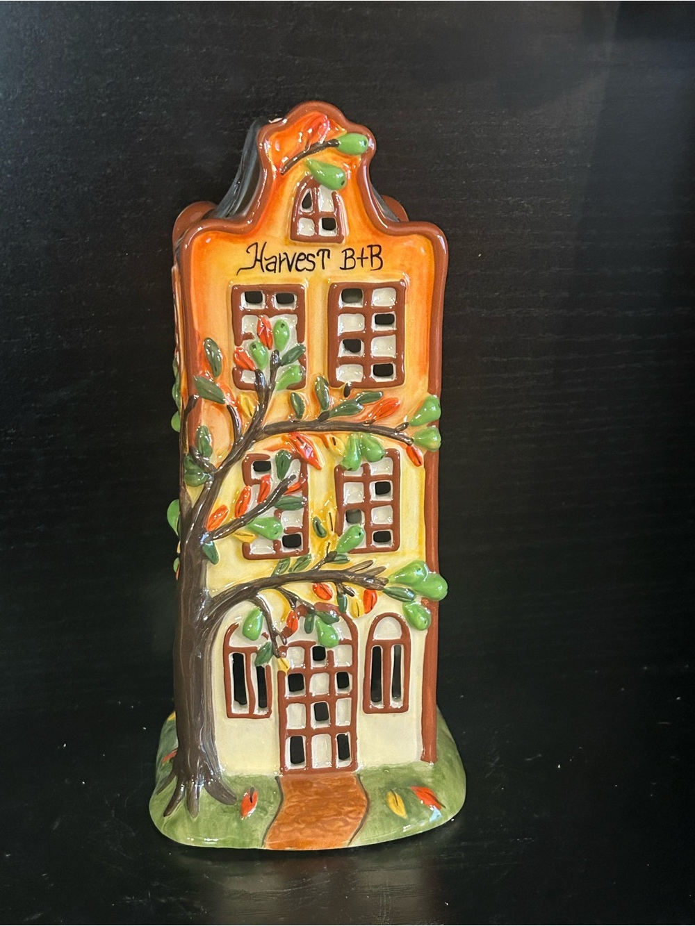 Harvest B&B Orange Ceramic House Accent with Green Leaf Detail